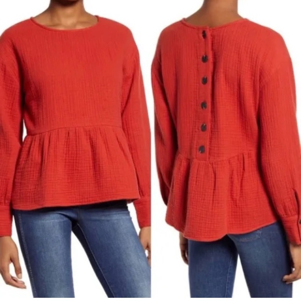 Madewell Light Spin Button-Back Peplum Top in Etruscan Clay
